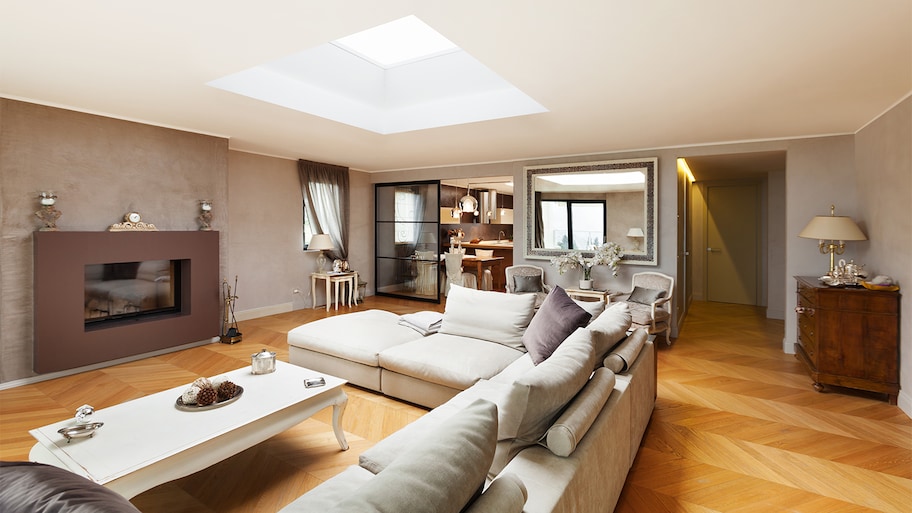 grey living room with skylight